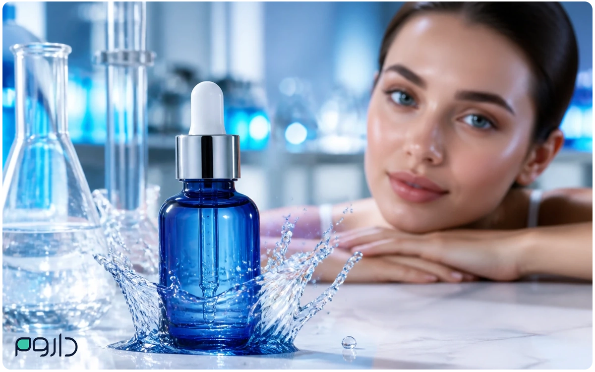 یک خانم در استخر با محلول قطره چکانی آبی رنگ روبروی آن