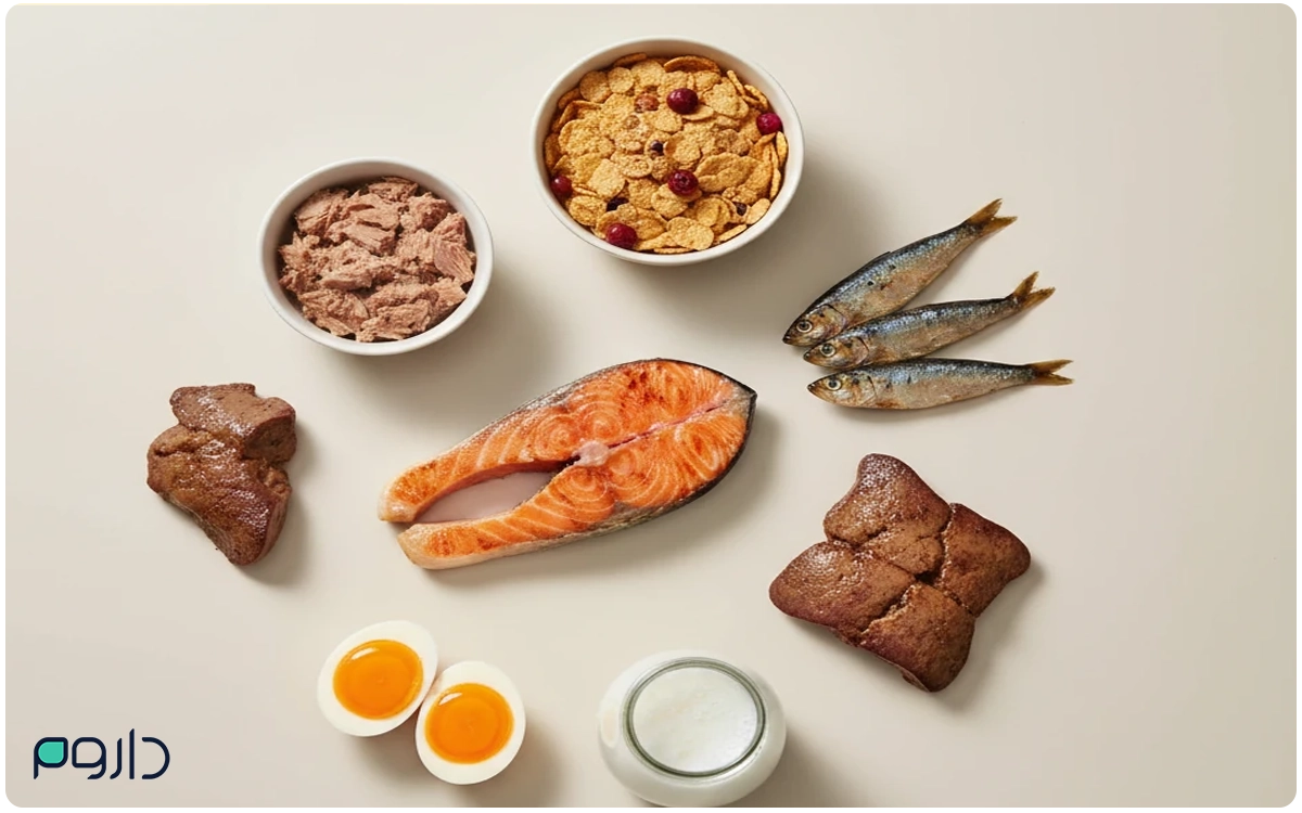 منابع غذایی غنی از ویتامین D شامل سالمون، ساردین، تخم‌مرغ، جگر، شیر، تن ماهی و غلات غنی‌شده است.