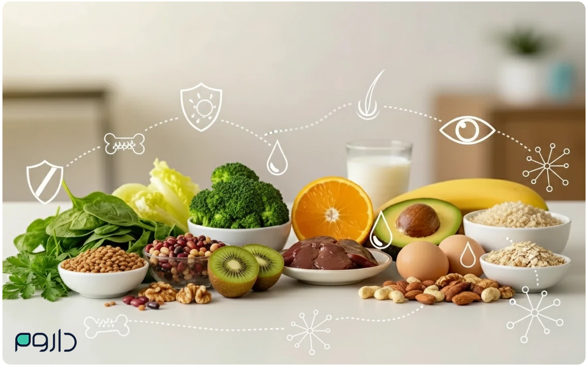 نمایش مواد غذایی سرشار از ویتامین و نقش آن‌ها در انرژی، سلامت استخوان‌ها، سیستم ایمنی، پوست و مو، بینایی و عملکرد عصبی
