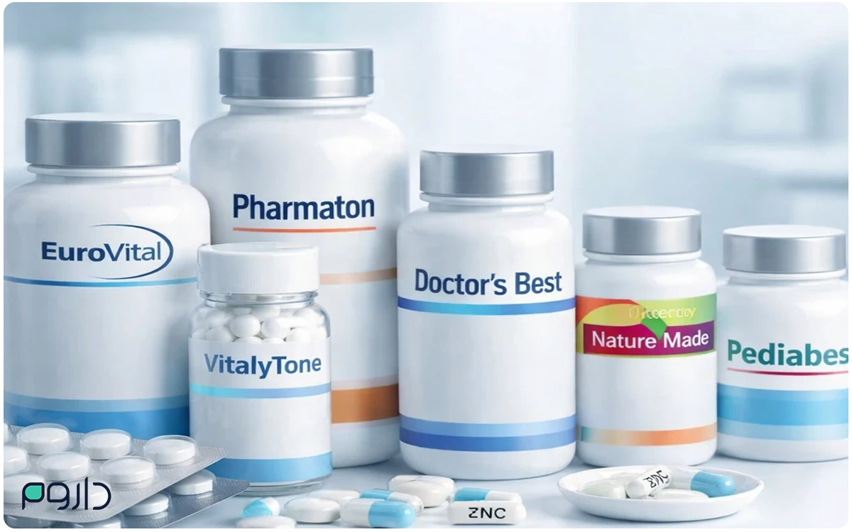 مولتی ویتامین های یوروویتال، فارماتون، ویتالی تون، Doctor’s best، پدیا بست، Nature Made در قوطی در کنار قرص ها