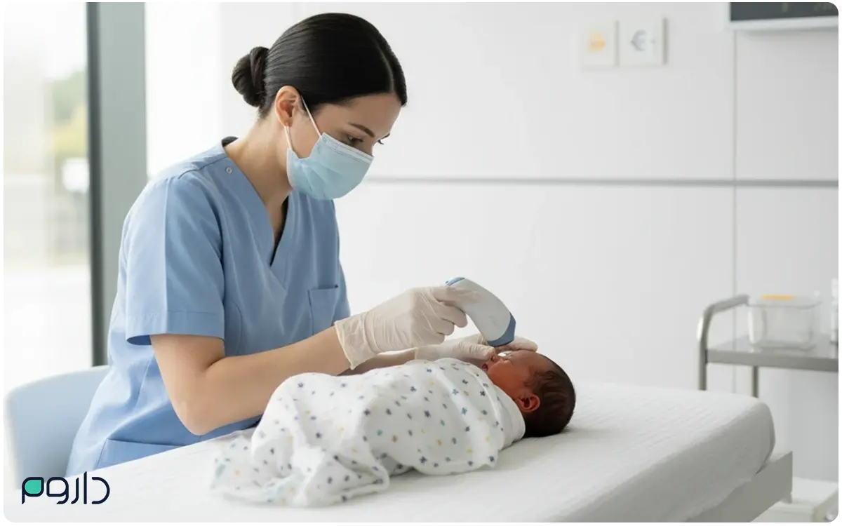 معاینه زردی نوزاد توسط پزشک و بررسی زرد شدن پوست و چشم نوزاد-داروخانه آنلایت داروم