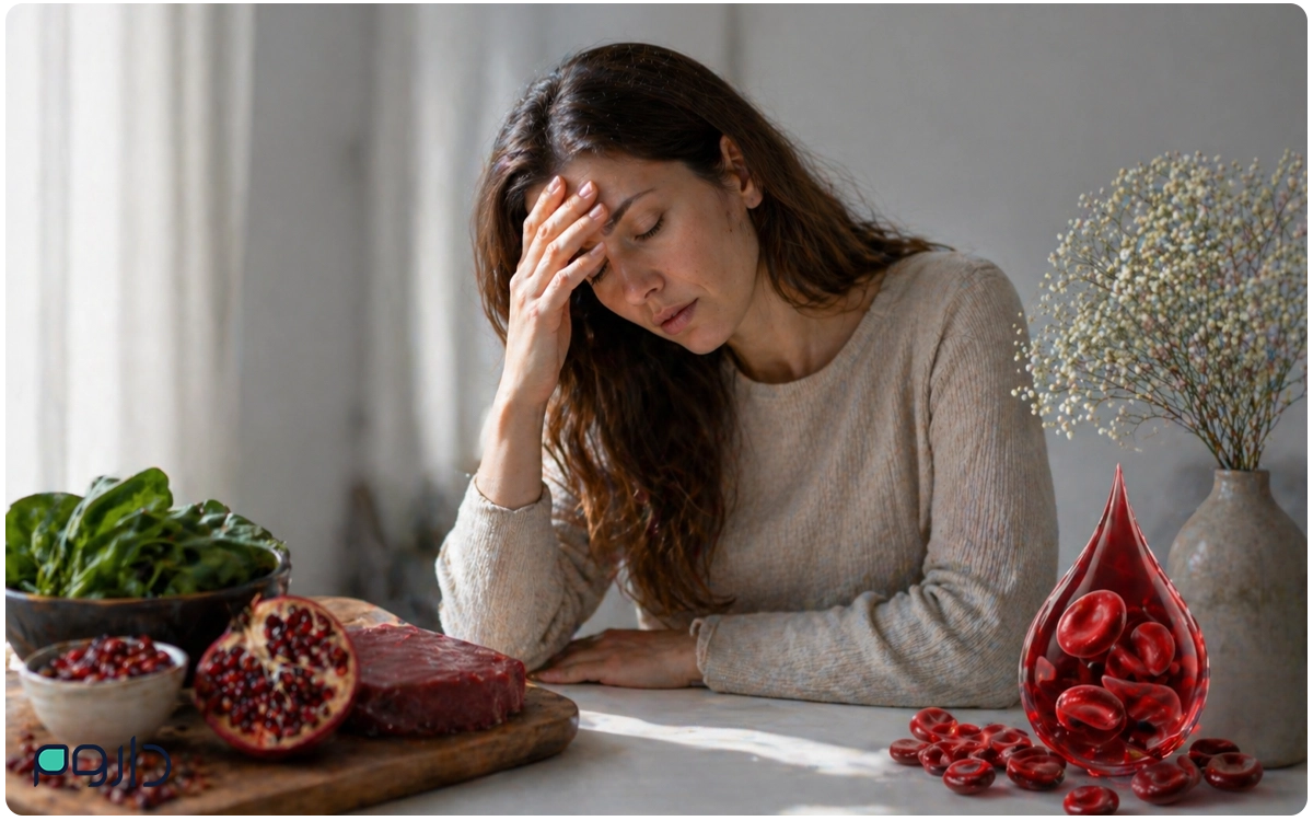  زن خسته با علائم کم‌خونی در کنار مواد غذایی غنی از آهن