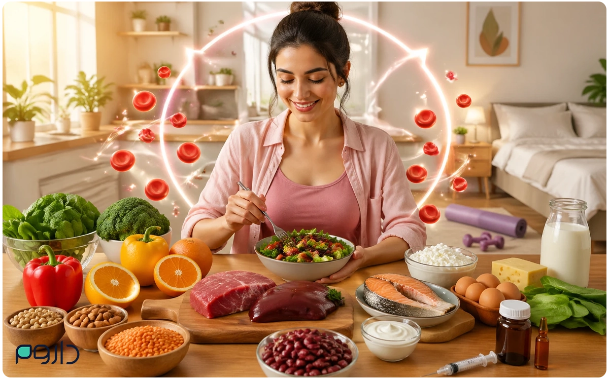 خانمی خوشحال که اطرافش انواع میوه جات، سبزیجات، غذاهای پروتئینی و مکمل‌های دارویی وجود دارد.