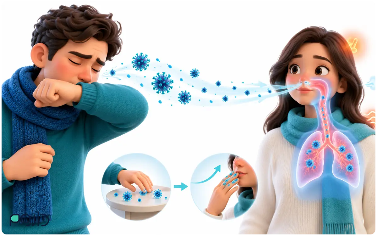 نحوه انتقال آنفولانزا از طریق ذرات تنفسی هنگام سرفه و تماس نزدیک