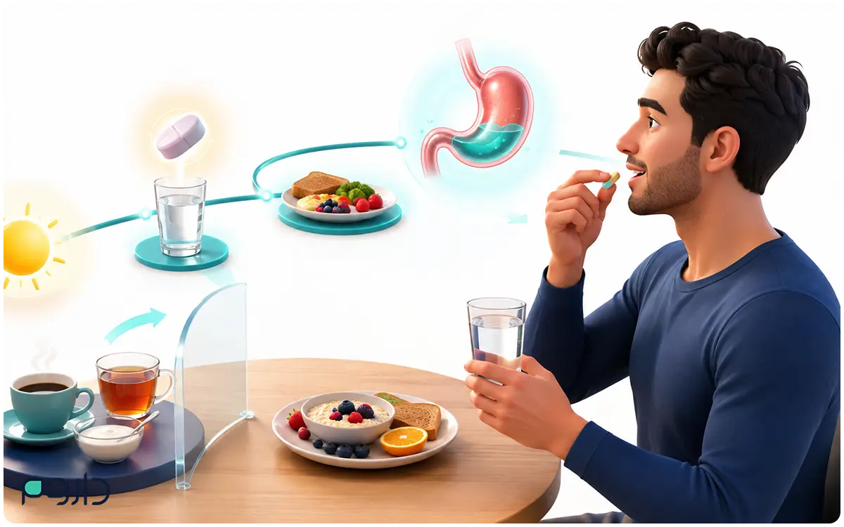 بیمار در ابتدای صبح مکمل را با آب مصرف میکند و چای، قهوه و لبنیات در فاصلهای جدا قرار گرفتهاند.