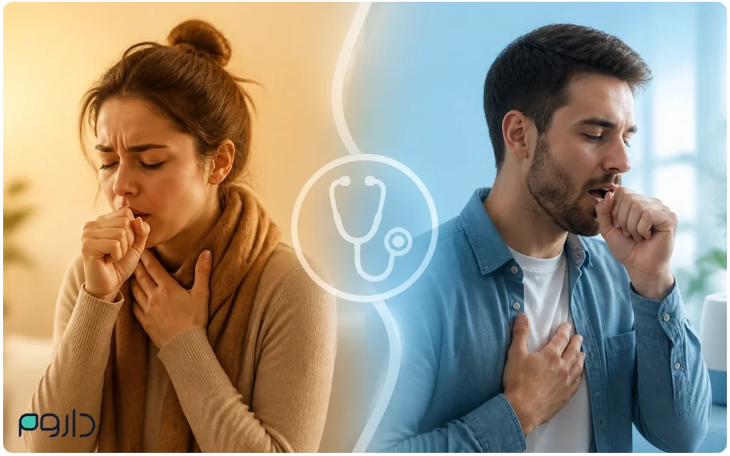 مقایسه سرفه خشک و سرفه خلط‌دار؛ زن و مرد در حال سرفه با نمایش دو نوع علائم در دو بخش تصویر