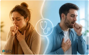 مقایسه سرفه خشک و سرفه خلط‌دار؛ زن و مرد در حال سرفه با نمایش دو نوع علائم در دو بخش تصویر