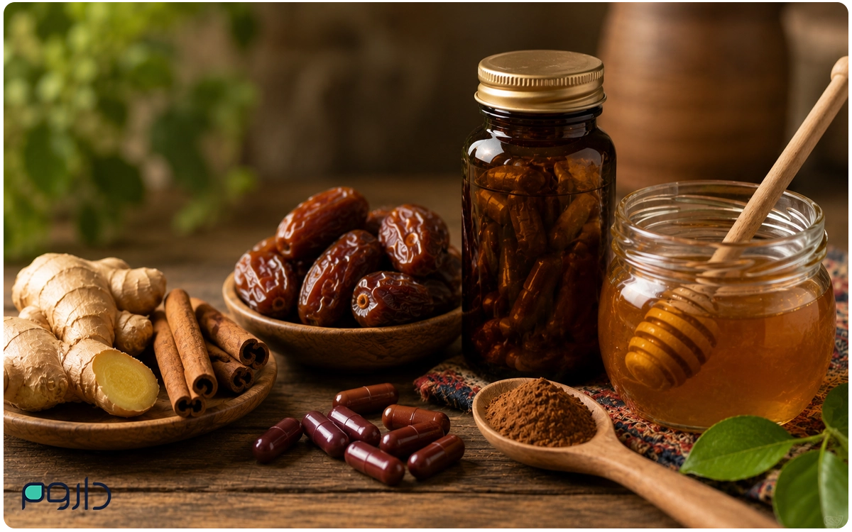 چیدمان تصویر شامل خرما، عسل، زنجبیل، دارچین و کپسول‌های قهوه‌ای رنگ در ظروف مختلف روی سطح چوبی است که نمایانگر ترکیبات طبیعی و سنتی در کنار مکمل‌های دارویی است.
