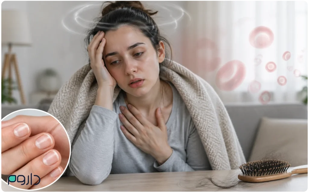زن خسته با علائم کم‌خونی
