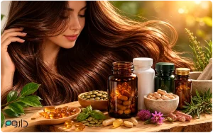 نمای نزدیک از یک زن با موهای بسیار پرپشت، سالم و درخشان که در کنار مجموعه‌ای از قوطی‌های مکمل دارویی، کپسول‌های ژلاتینی، گیاهان دارویی و دانه‌های مغذی در فضایی با نور گرم طبیعی قرار گرفته است.