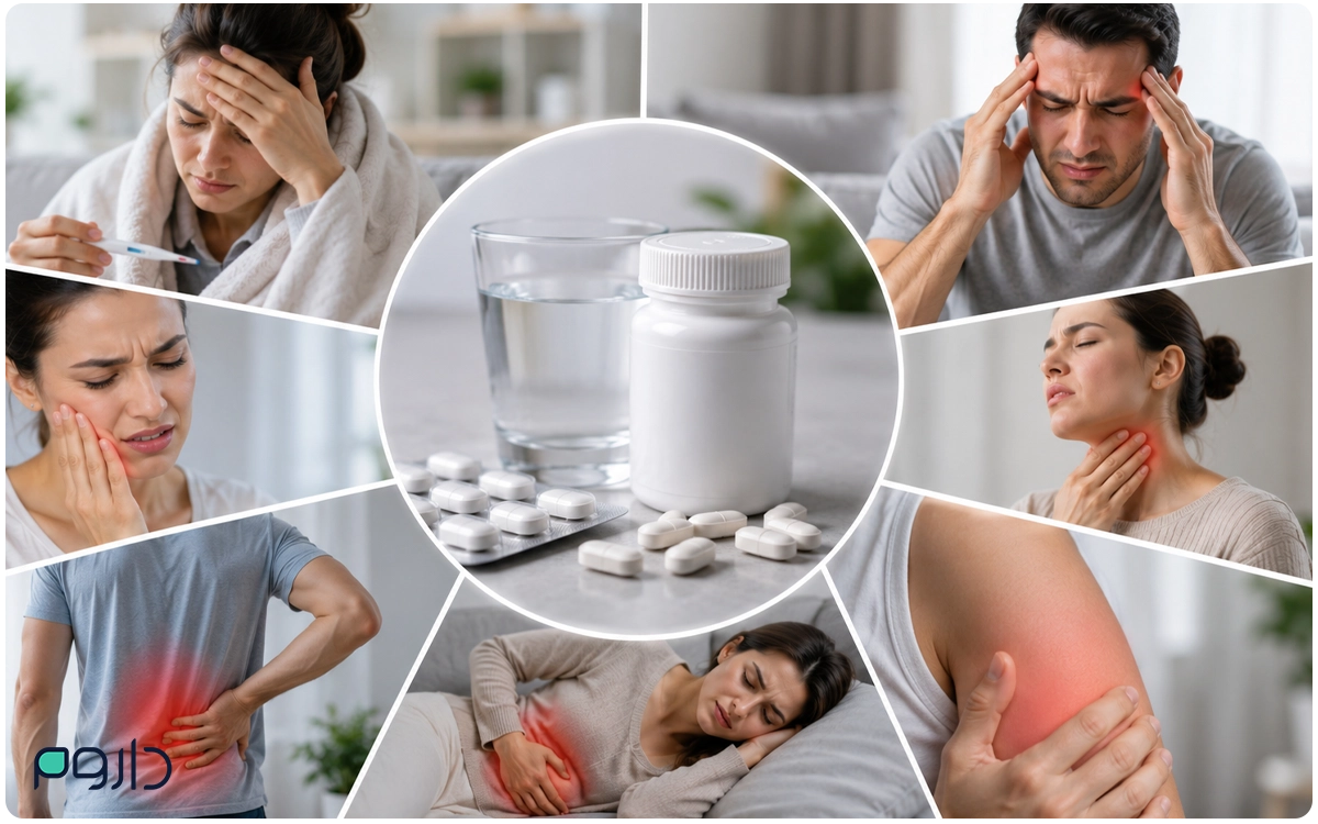 مای نزدیک از بطری قرص استامینوفن، تعدادی قرص روی سطح مرمری و یک لیوان آب در پس‌زمینه.
