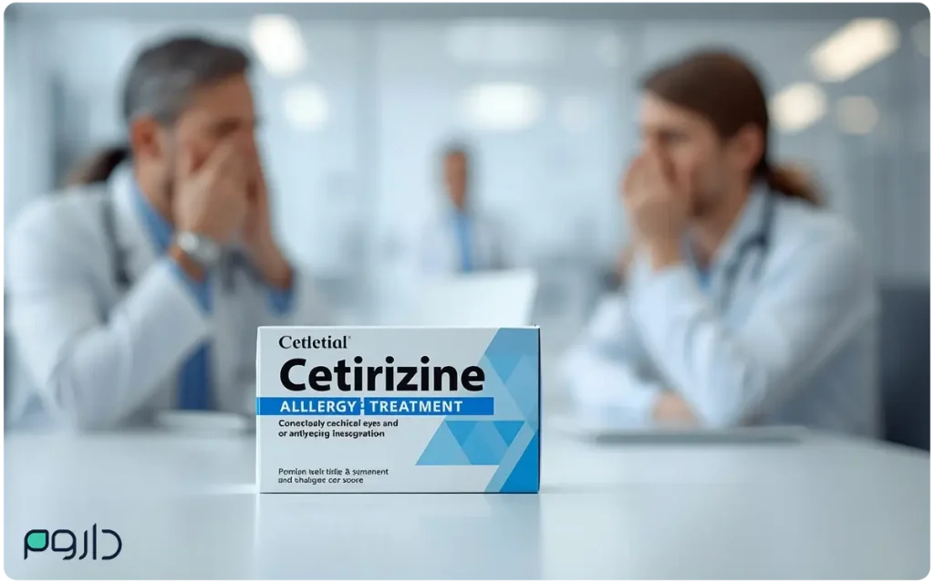 جعبه قرص ستیریزین (Cetirizine) روی میز در محیط کلینیک برای درمان حساسیت و آلرژیهای فصلی.