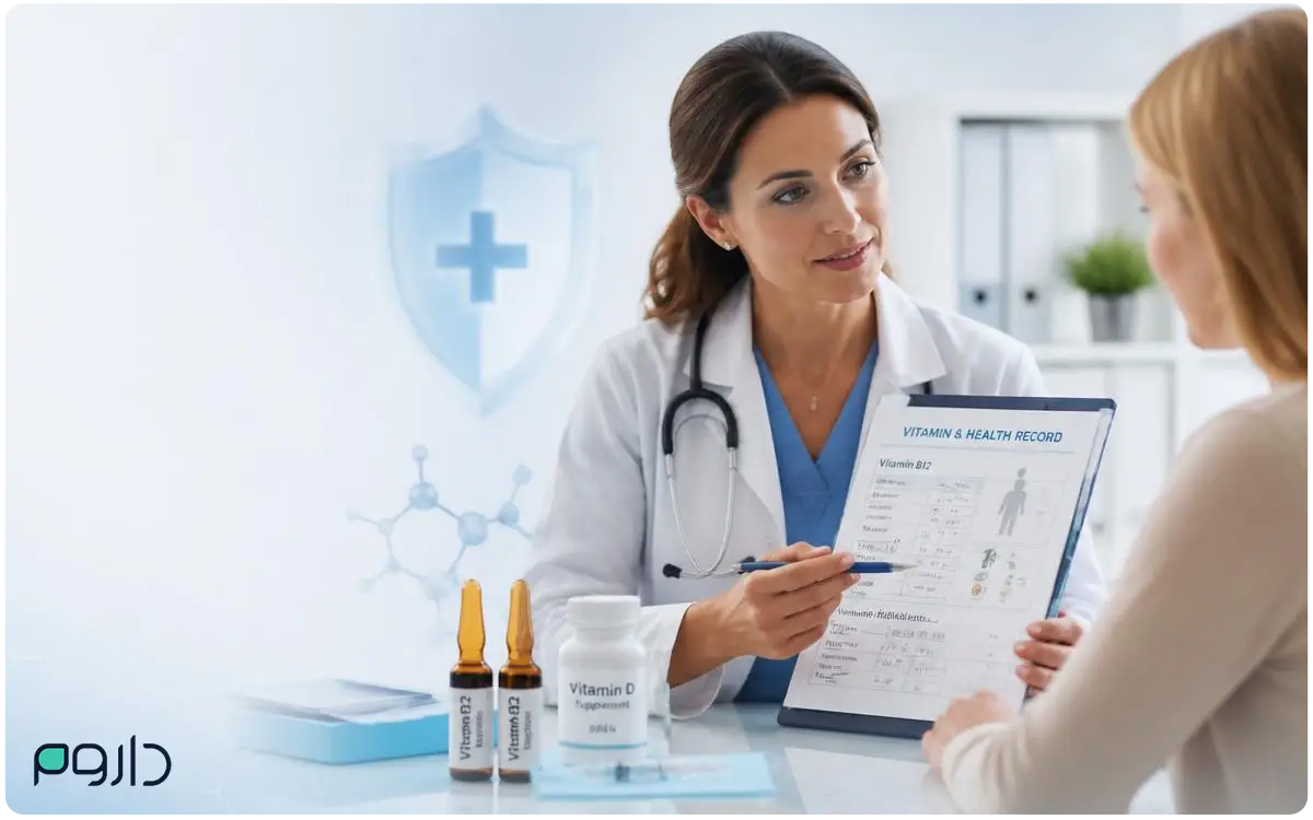 پزشک در حال ارائه مشاوره درباره انتخاب مکمل مناسب برای تقویت سیستم ایمنی.