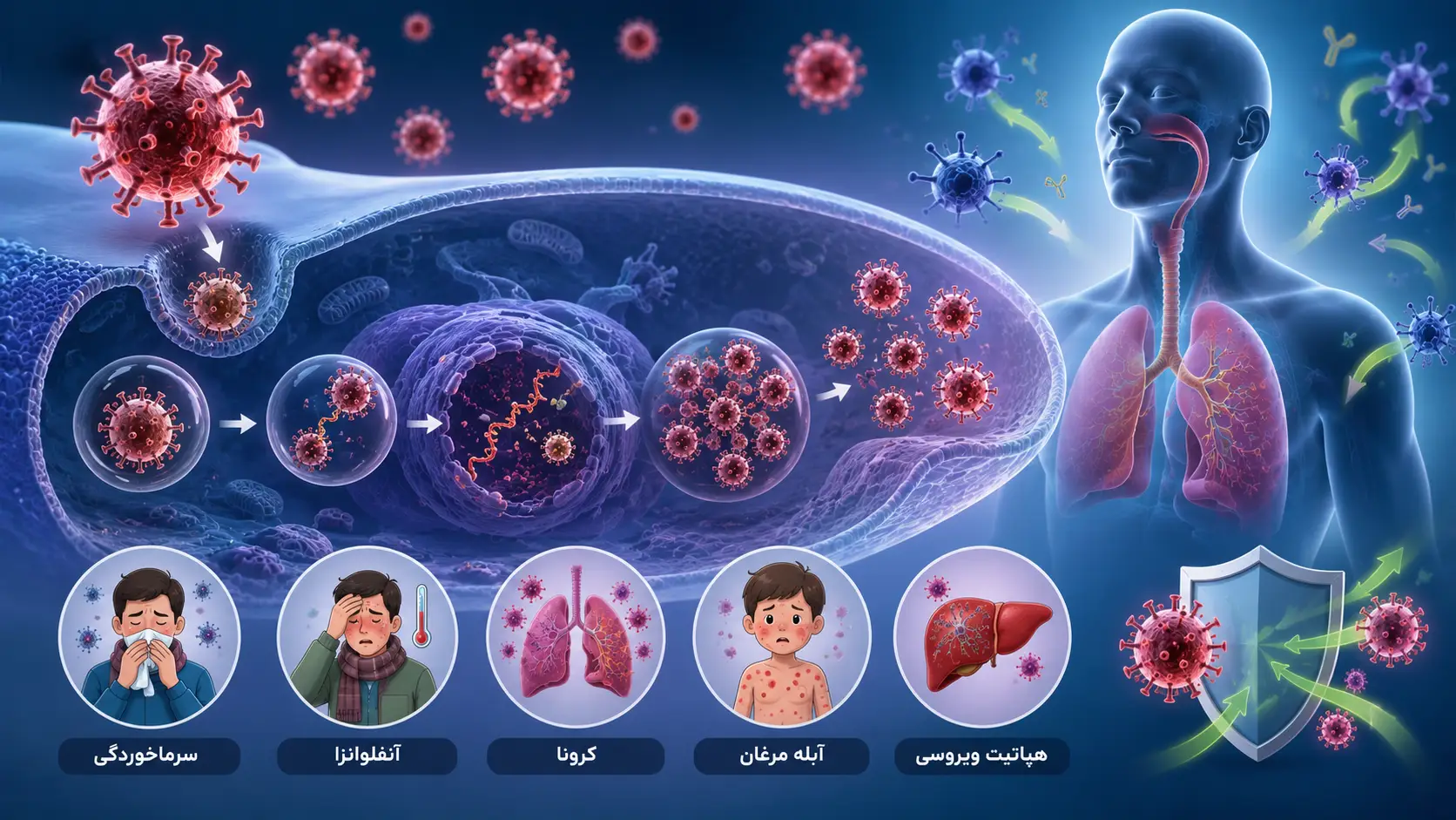  اینفوگرافیک جامع درباره ماهیت عفونت باکتریایی، نحوه تکثیر باکتری در بافت‌ها و بیماری‌های مرتبط مانند گلو درد استرپتوکوکی و عفونت ادراری.
