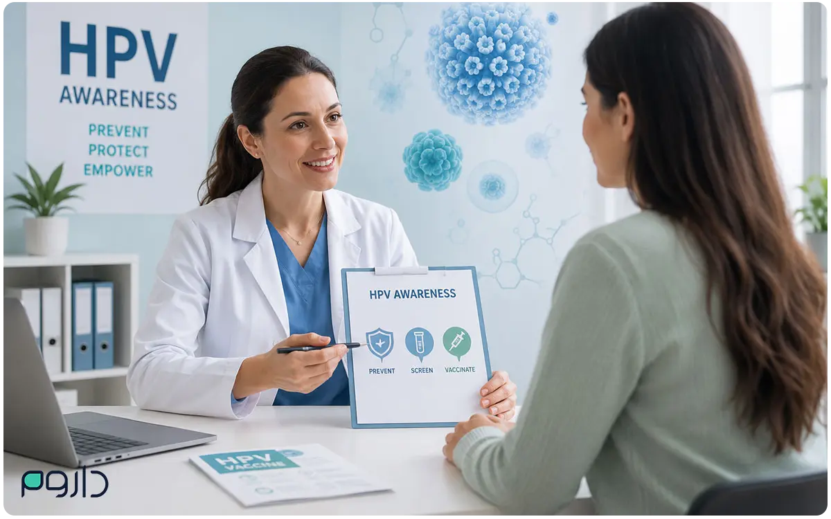 پزشک در حال مشاوره با بیمار درباره پیشگیری، غربالگری و واکسیناسیون ویروس HPV-داروخانه آنلاین داروم