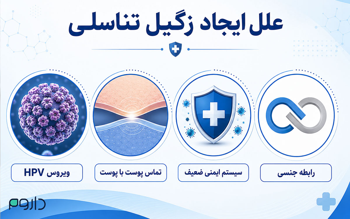 علل زگیل تناسلی شامل HPV، تماس پوست با پوست، ضعف سیستم ایمنی و رابطه جنسی