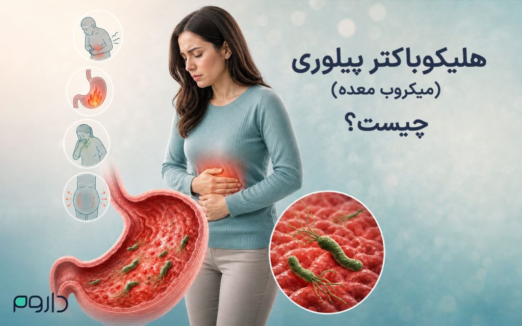 زن دچار درد شکم همراه با تصویر باکتری هلیکوباکتر پیلوری و علائم میکروب معده