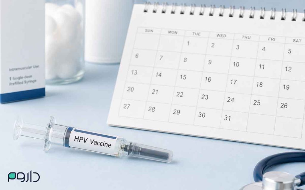 سرنگ واکسن HPV در کنار تقویم برای نمایش زمان‌بندی تزریق واکسن.