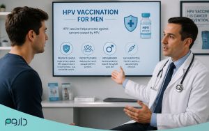 مشاوره پزشک با مرد جوان درباره ضرورت و اهمیت تزریق واکسن HPV برای پیشگیری-داروخانه آنلاین داروم