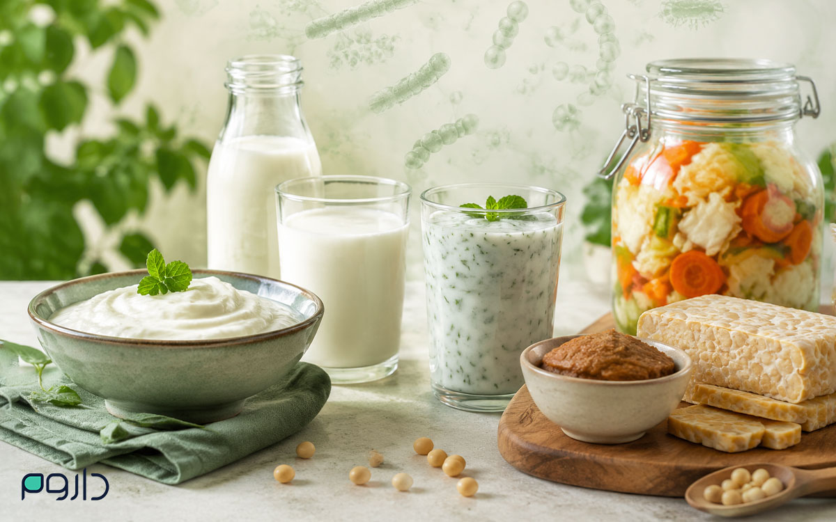 مجموعه‌ای از خوراکی‌های تخمیری سرشار از پروبیوتیک برای کمک به سلامت روده و گوارش.