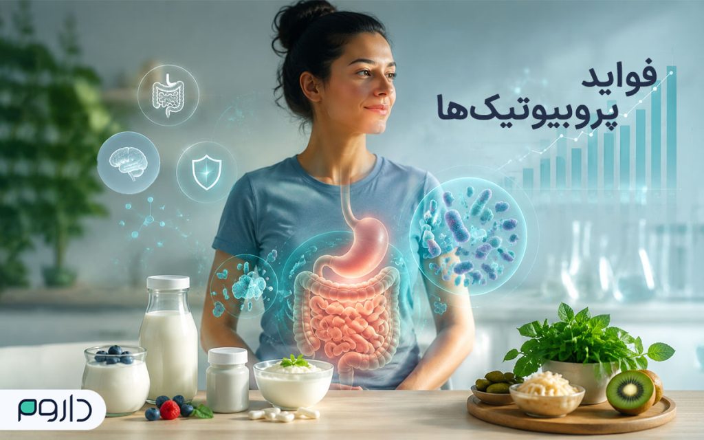 زنی در کنار تصویر دستگاه گوارش، باکتری‌های پروبیوتیک و مواد غذایی مفید برای سلامت روده