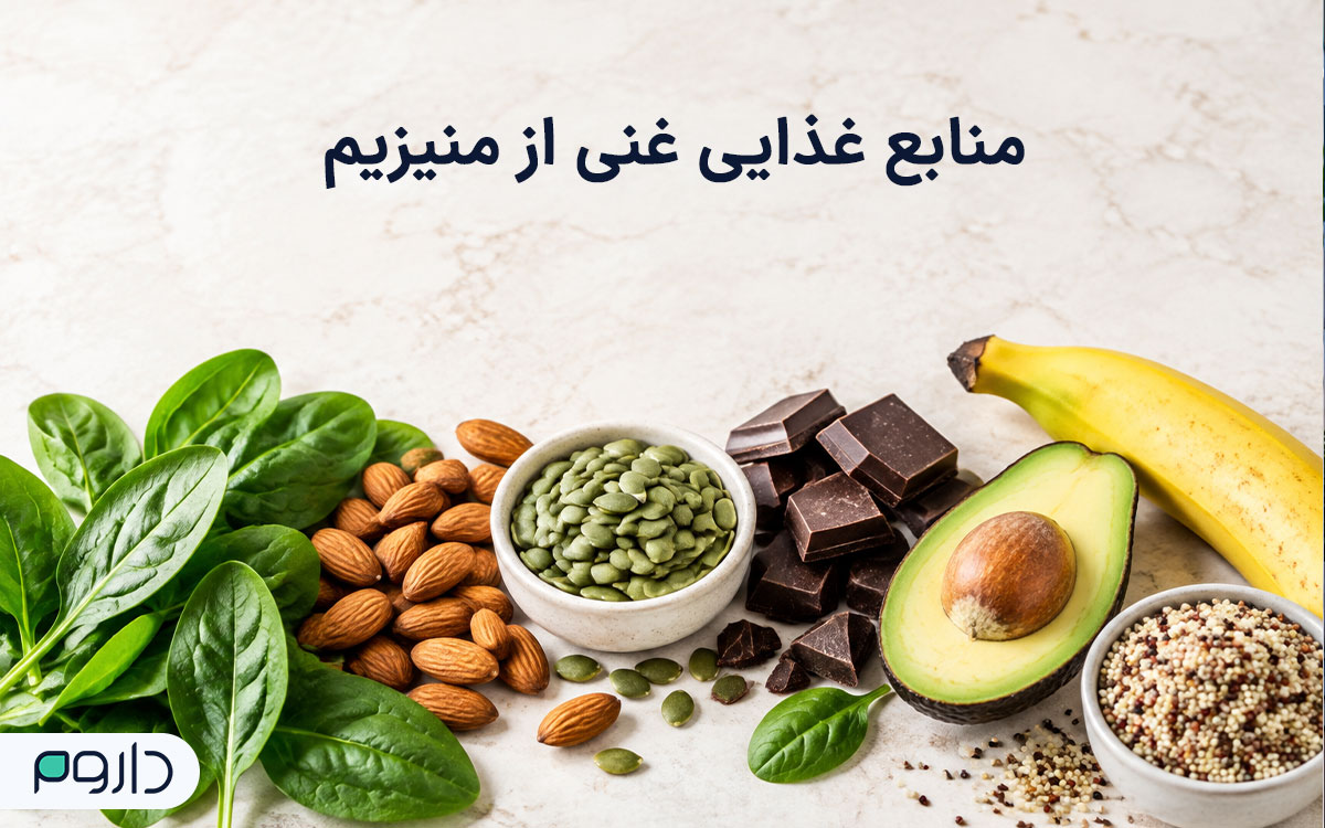 انواع مواد غذایی سرشار از منیزیم شامل مغزها، دانه‌ها، شکلات تلخ و سبزیجات برگ‌سبز.