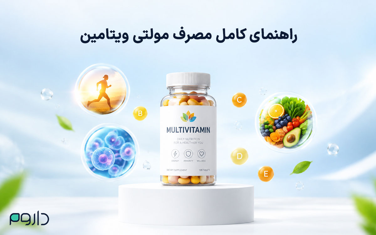 تصویر مکمل و قوطی قرص مولتی ویتامین به همراه نمادهای سلامتی و انرژی بر روی پدستال سفید