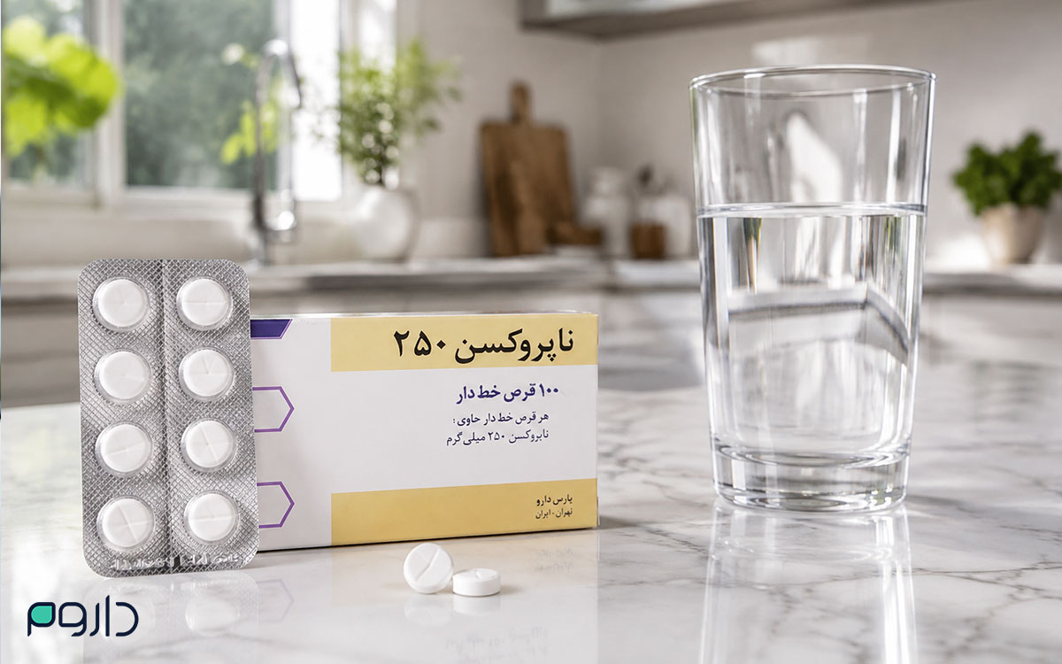 بسته قرص ناپروکسن ۲۵۰ و لیوان آب روی پیشخوان آشپزخانه برای رعایت دوز مجاز دارو