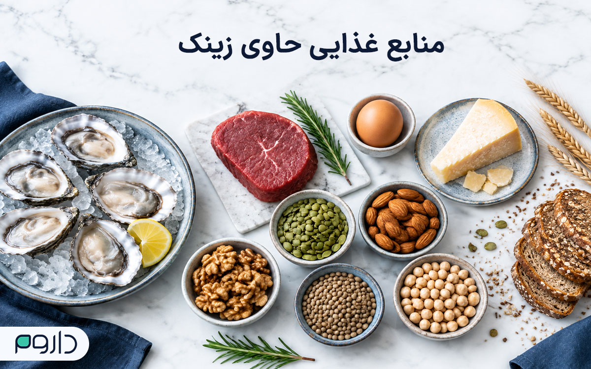 انواع مواد غذایی حاوی زینک مانند صدف، گوشت، تخممرغ و مغزها روی میز مرمر